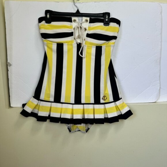 Juicy Couture Pleated Skirt Striped Nautical Swimsuit One Piece Pin Up Retro M - Picture 9 of 16